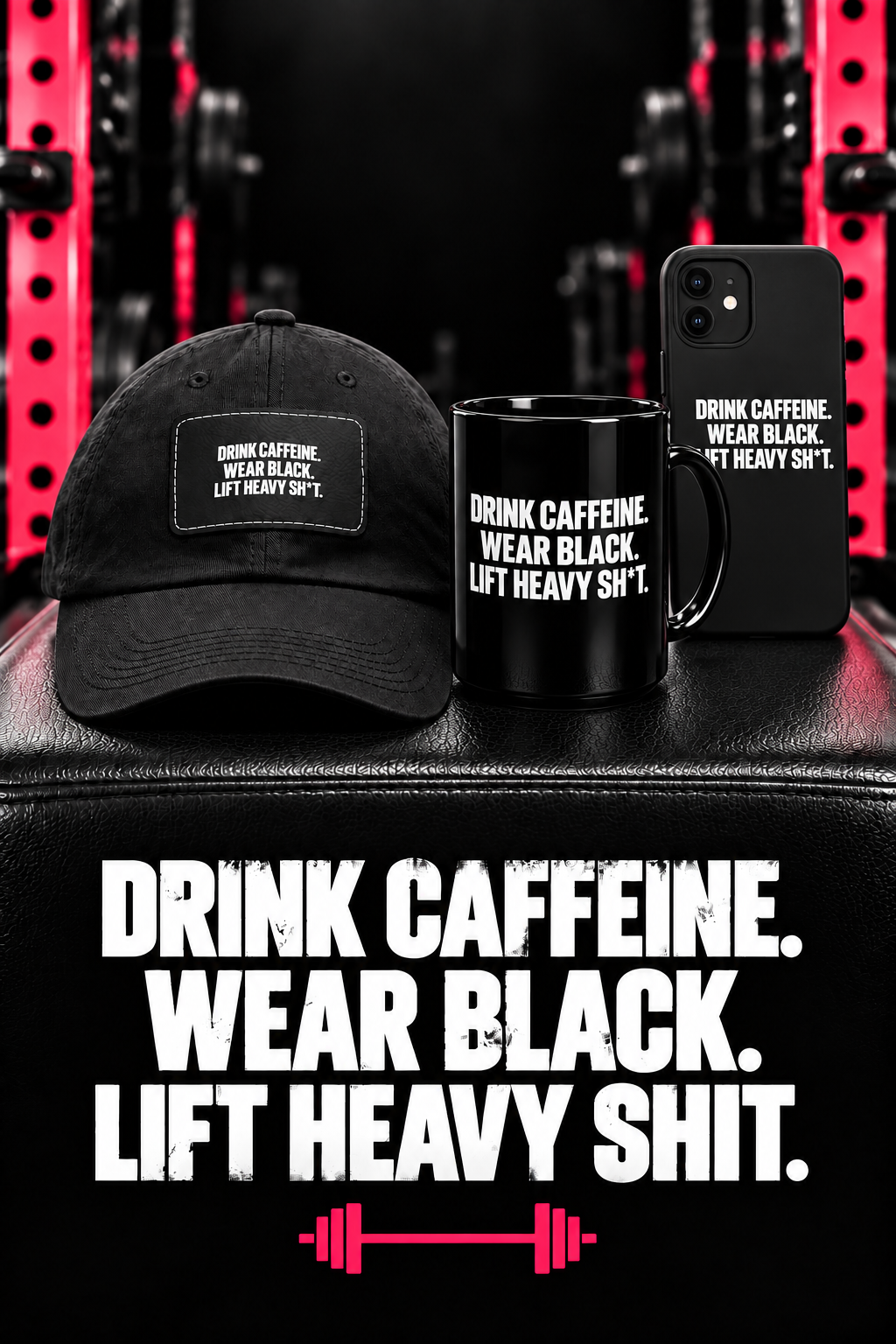 Drink Caffeine Wear Black Lift Heavy Shit collection featuring cap mug and phone case