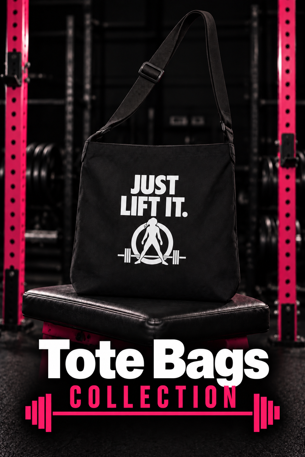 Tote Bags collection — black Just Lift It tote in the signature pink and black gym
