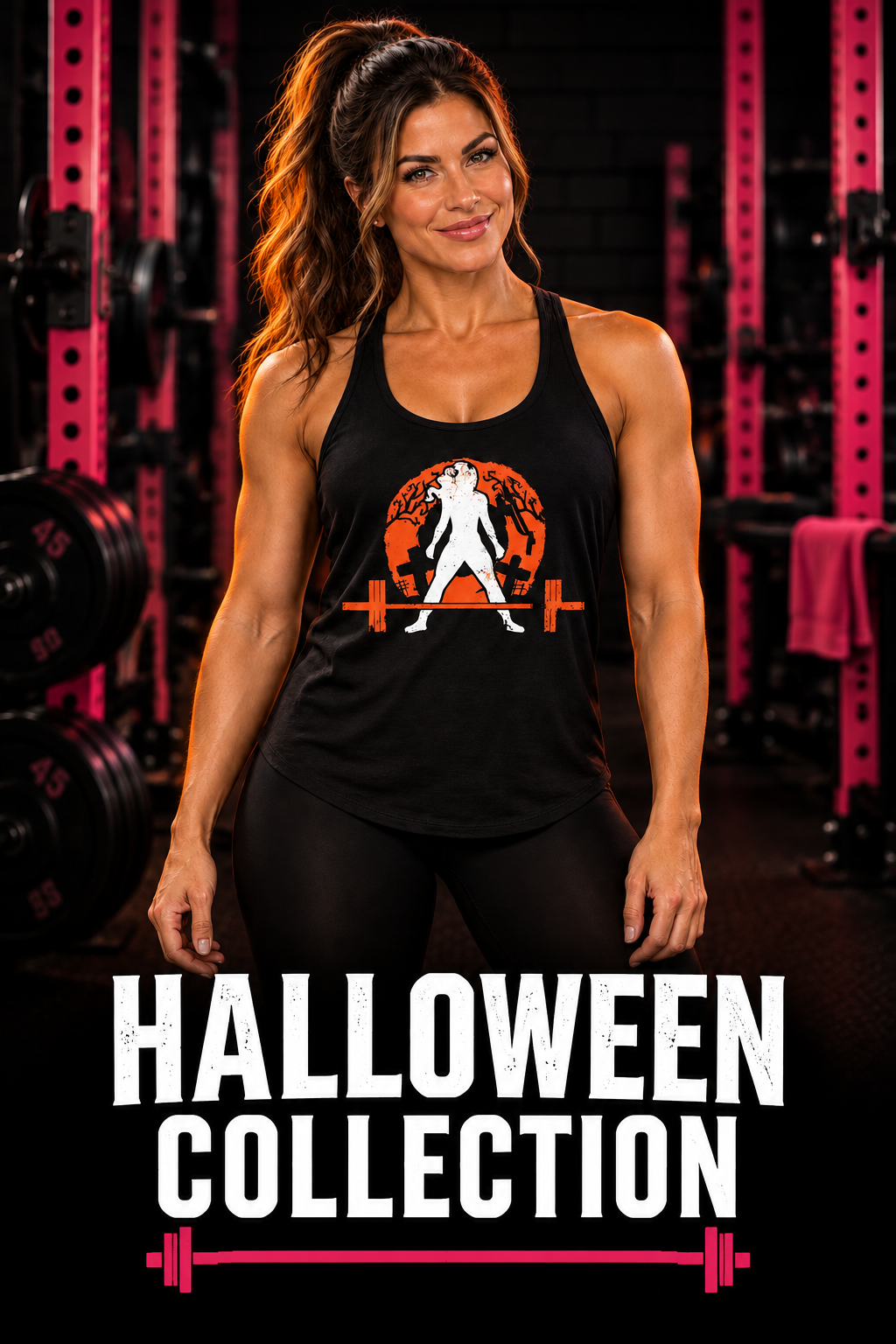 WWLW Halloween Collection — woman wearing the graveyard tank in a black and pink gym