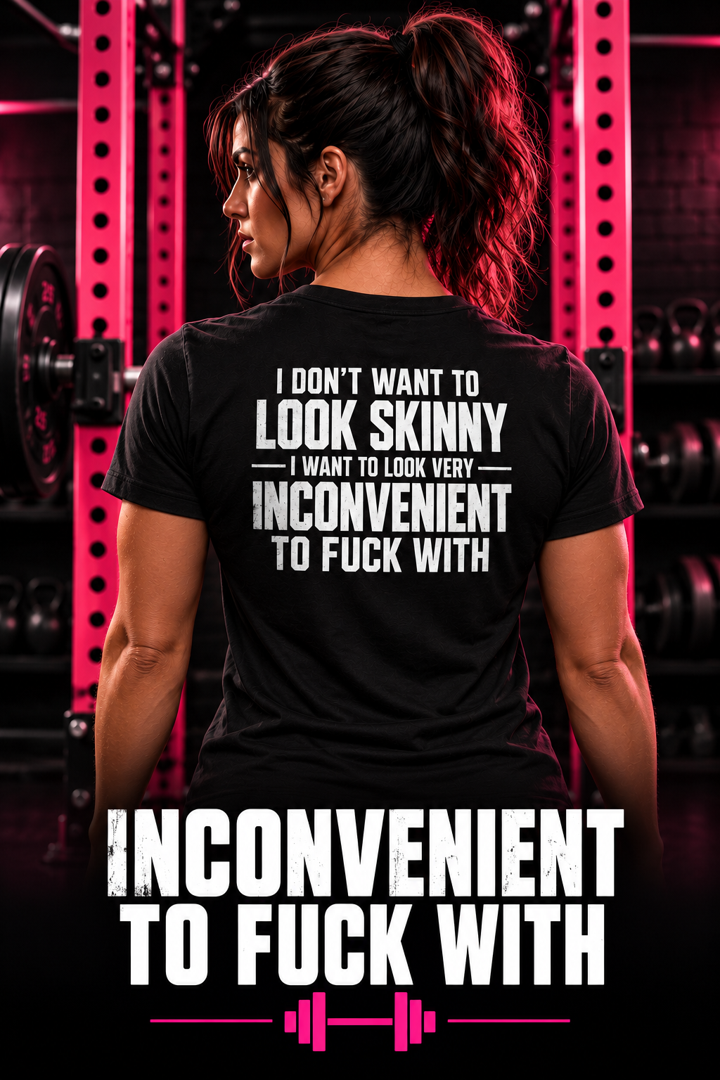 Inconvenient to Fuck With — strong woman wearing the WWLW black slogan tee