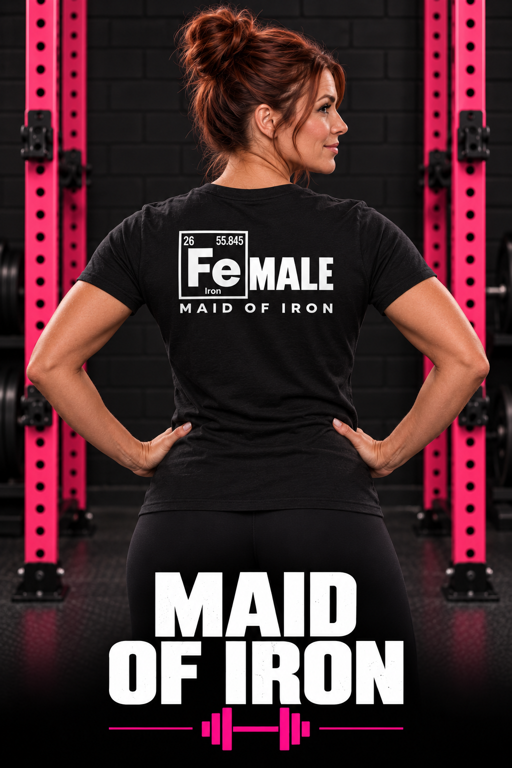 Maid of Iron collection: strong woman wearing a black FeMALE tee with white back artwork in the WWLW gym.