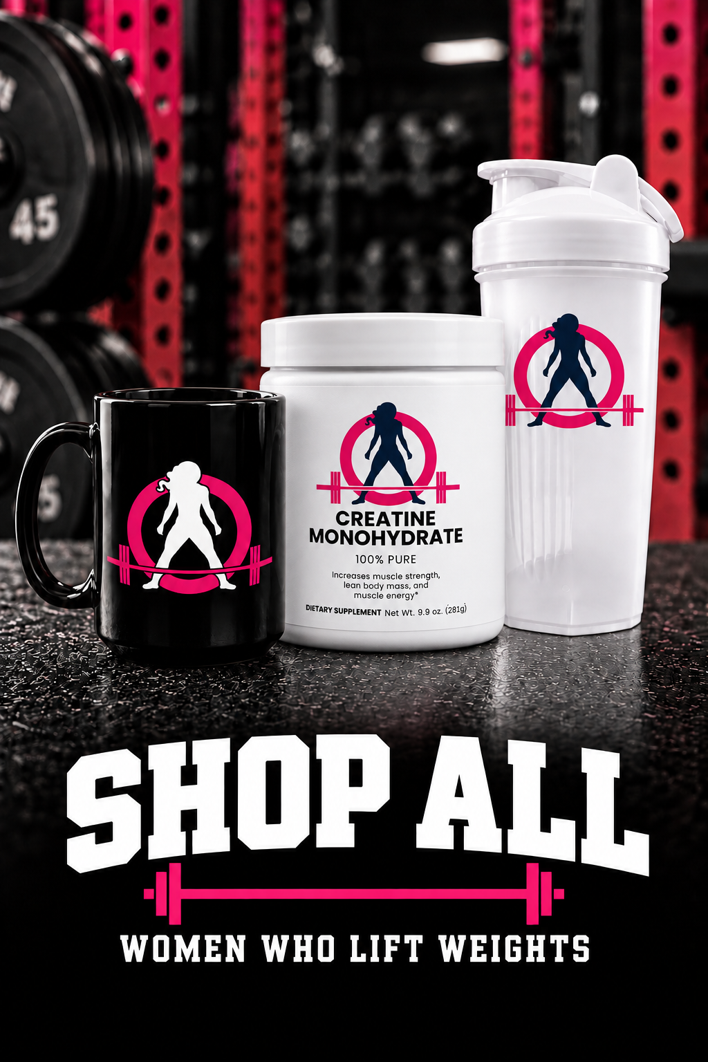 Shop All — black WWLW mug, creatine and white protein shaker, with title below