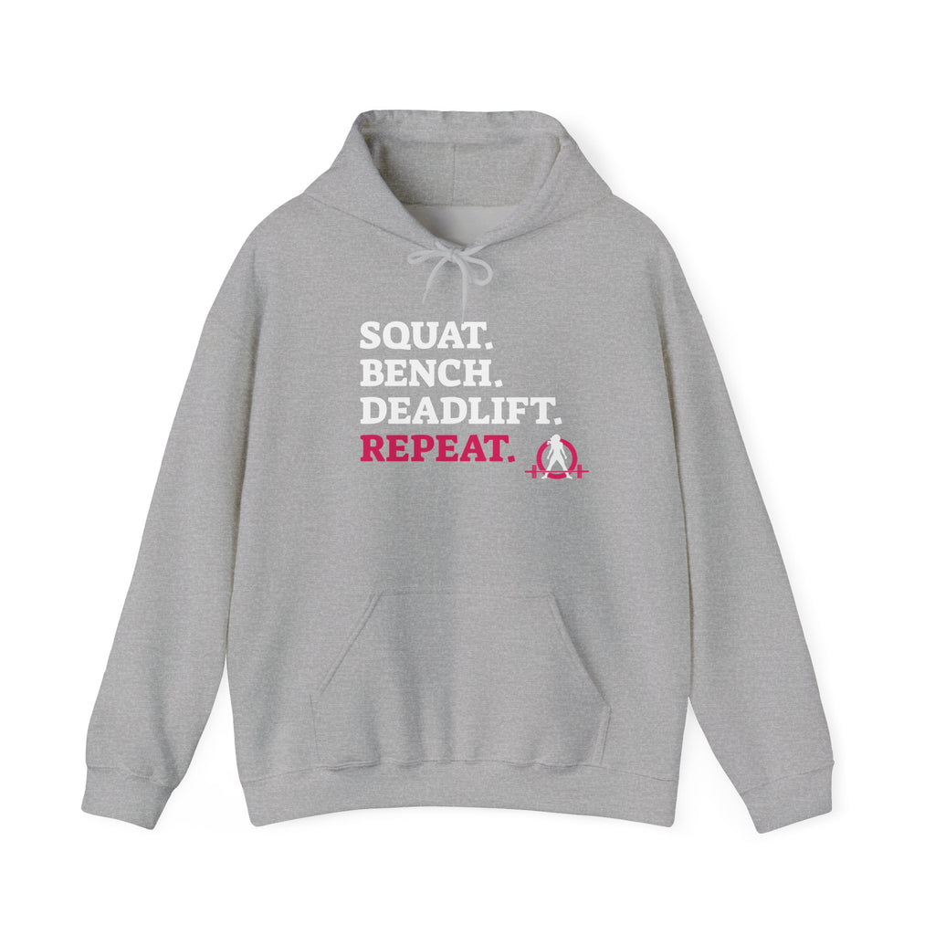 WWLW “Squat • Bench • Deadlift • Repeat” Hoodie - White Logo - Plain Back