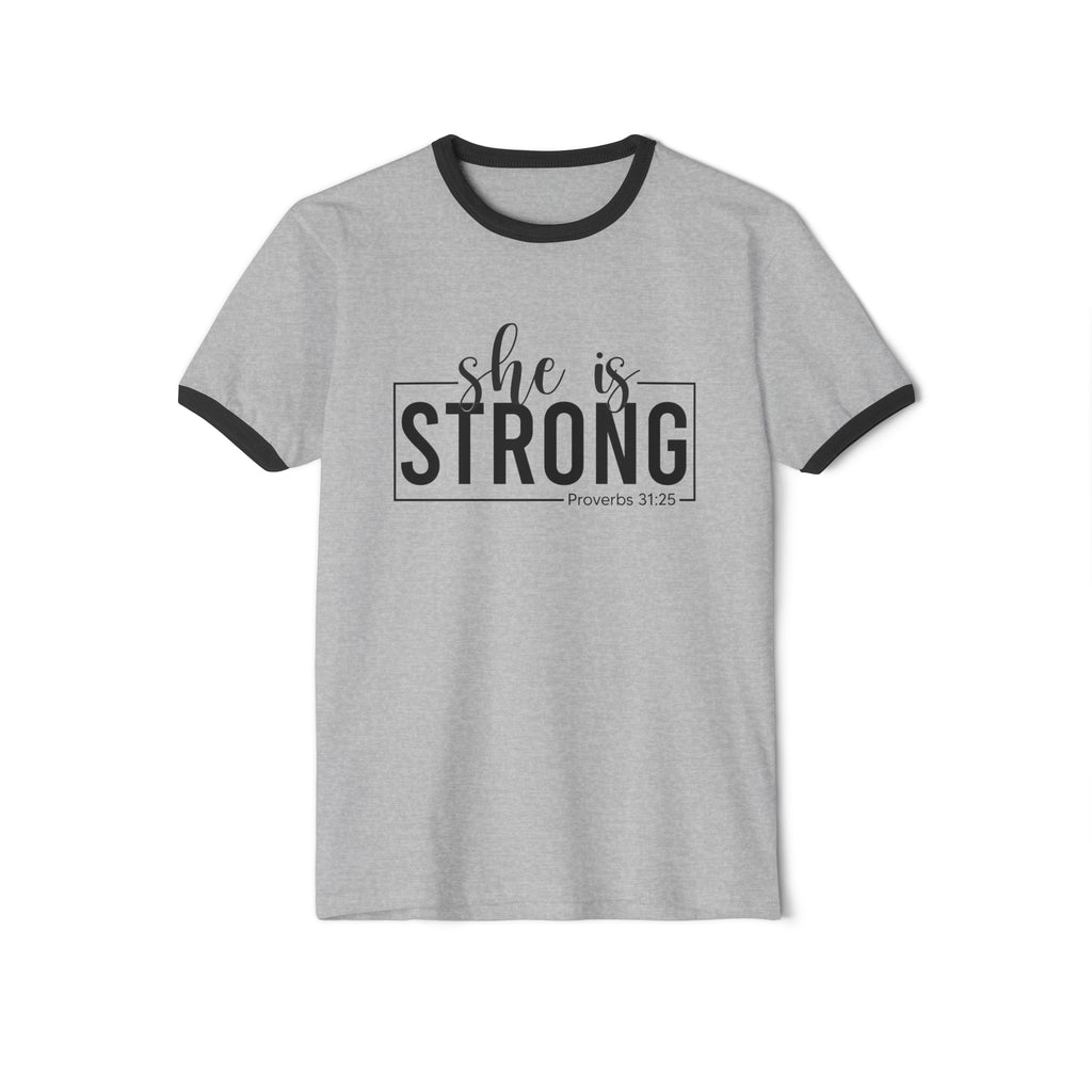 She Is Strong  - Unisex Cotton Ringer T-Shirt - Black Classic Logo Front Plain Back
