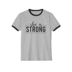 She Is Strong  - Unisex Cotton Ringer T-Shirt - Black Classic Logo Front Plain Back