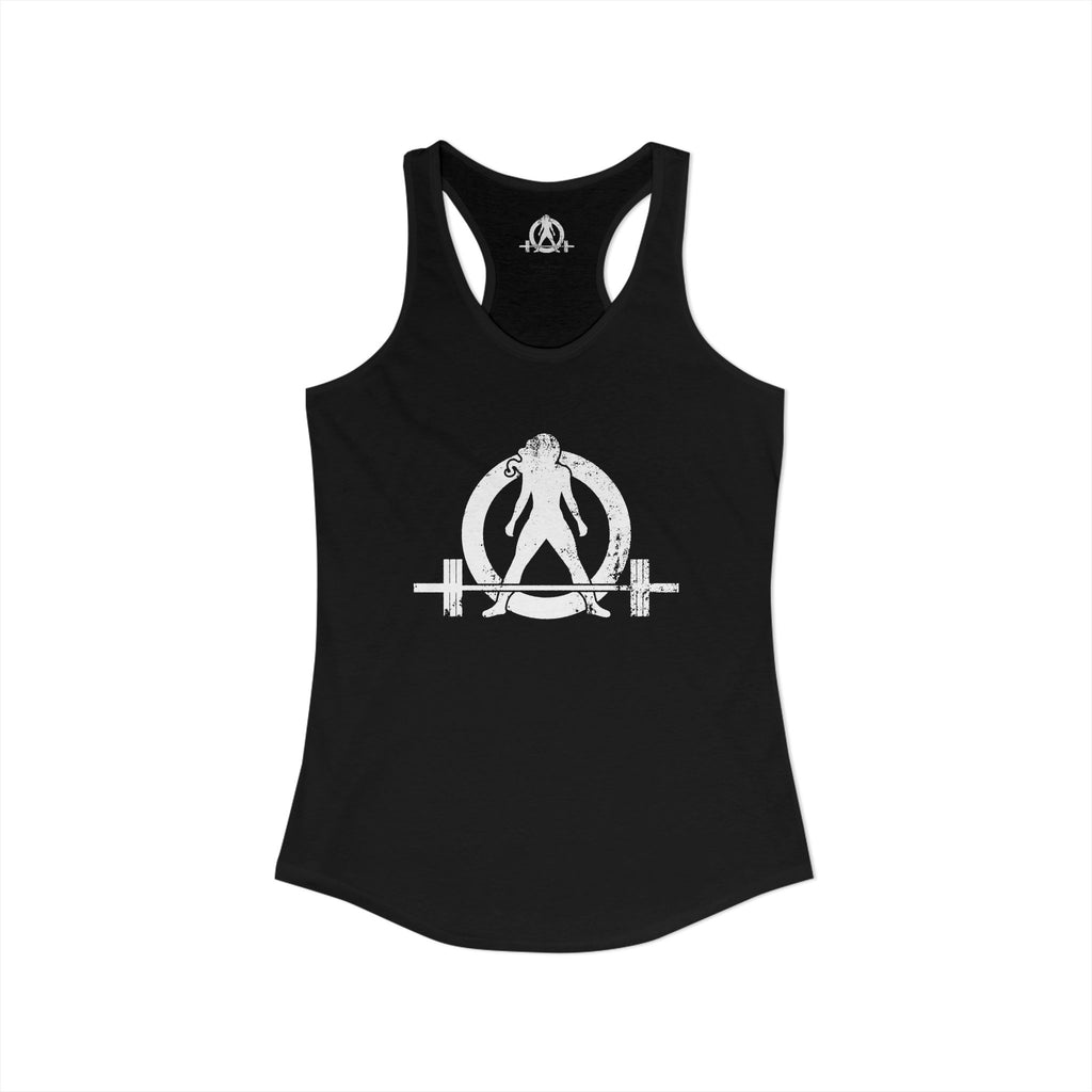 Drink Caffeine. Wear Black. Lift Heavy Shit. — Women’s Ideal Racerback Tank — Black — White Front & Back
