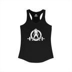 Drink Caffeine. Wear Black. Lift Heavy Shit. — Women’s Ideal Racerback Tank — Black — White Front & Back