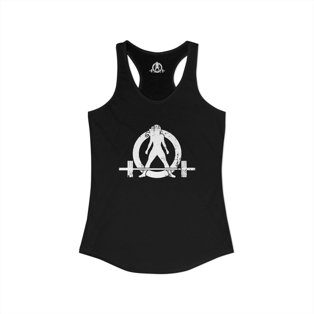 Drink Caffeine. Wear Black. Lift Heavy Shit. — Women’s Ideal Racerback Tank — Black — White Front & Back