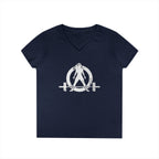 Ladies' V-Neck T-Shirt -  White Distressed Logo