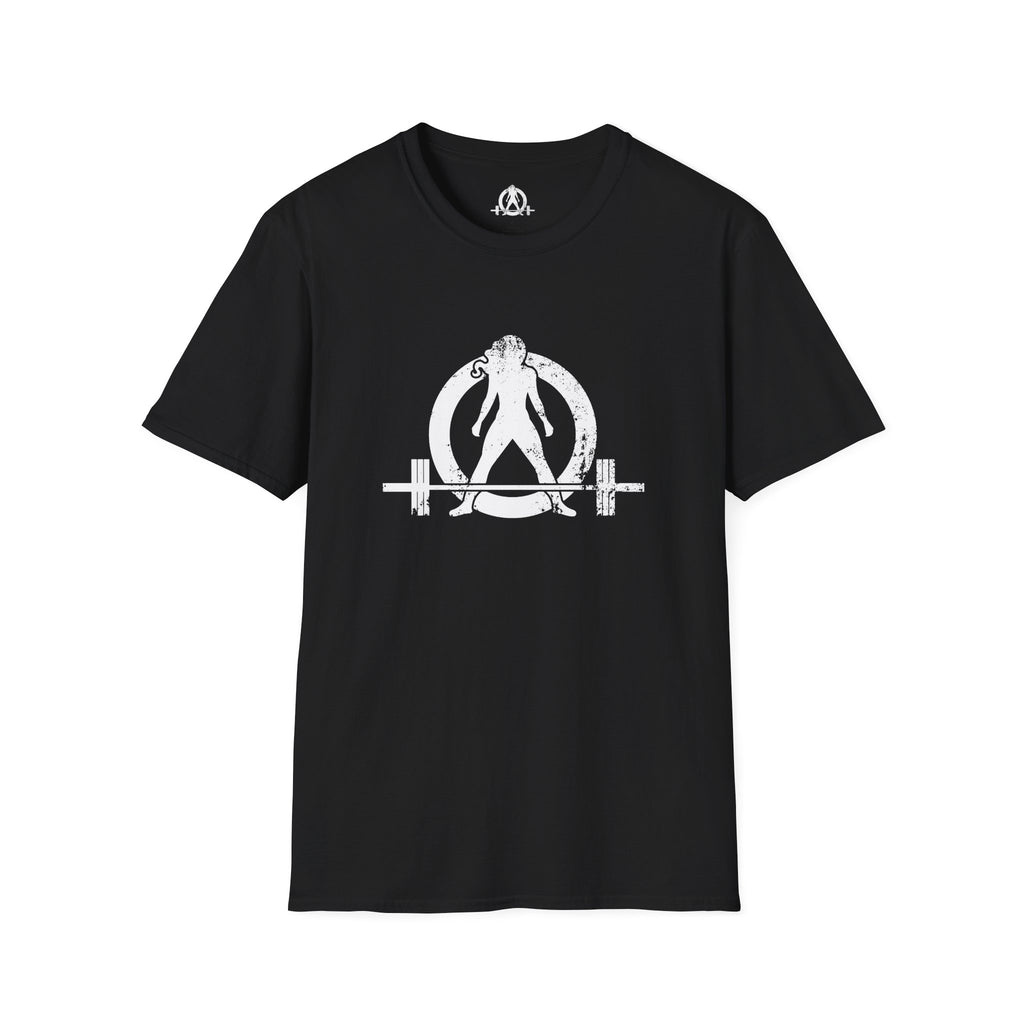 Drink Caffeine. Wear Black. Lift Heavy Shit. — Unisex Softstyle Tee — Black — White Front & Back
