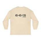 45 + 45 = 135 – Unisex Long-Sleeve Tee | Black Print, Front & Back