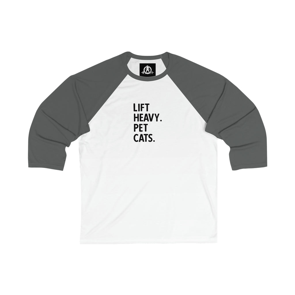 Unisex 3\4 Sleeve Baseball Tee - Lift Heavy Pet Cats - Black Logo
