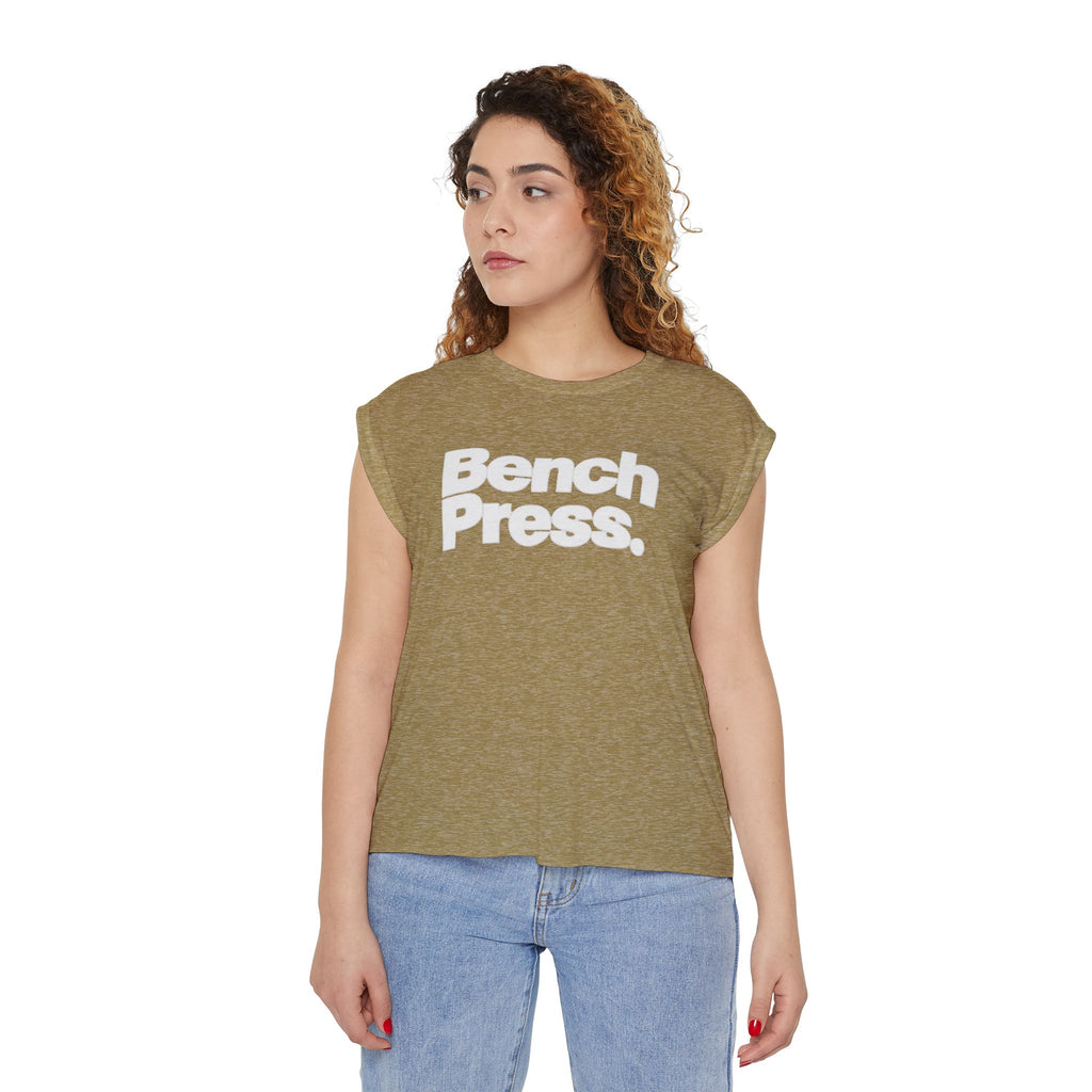 Bench. Press. Women’s Muscle Tee — Flowy Rolled Cuff Gym Top