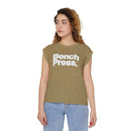 Bench. Press. Women’s Muscle Tee — Flowy Rolled Cuff Gym Top