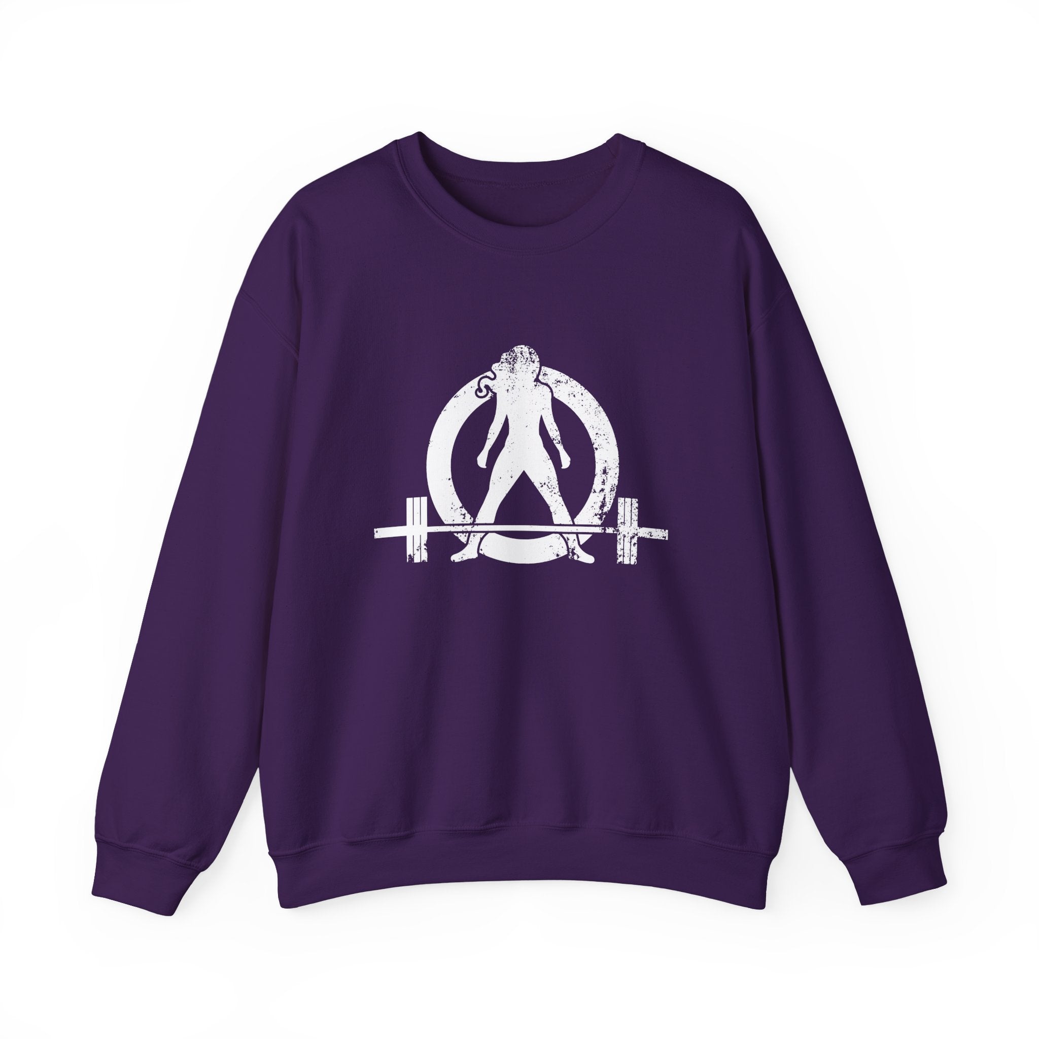 ALL I NEED IS COFFEE and a Barbell - Unisex Heavy Blend™ Crewneck Sweatshirt - Distressed Logo - Front & Back