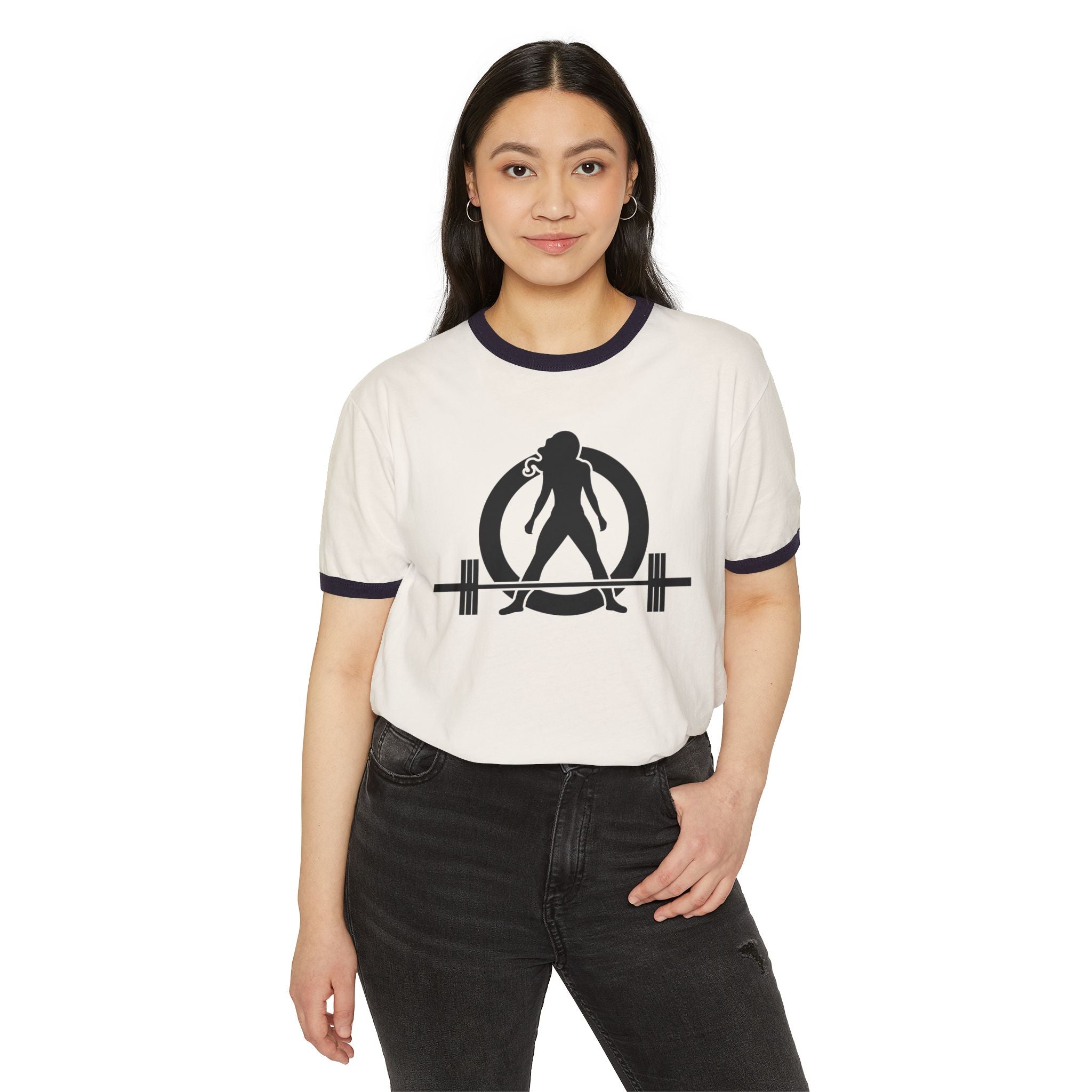 45 + 45 - Unisex Cotton Ringer T-Shirt - Black Logo Front & Back