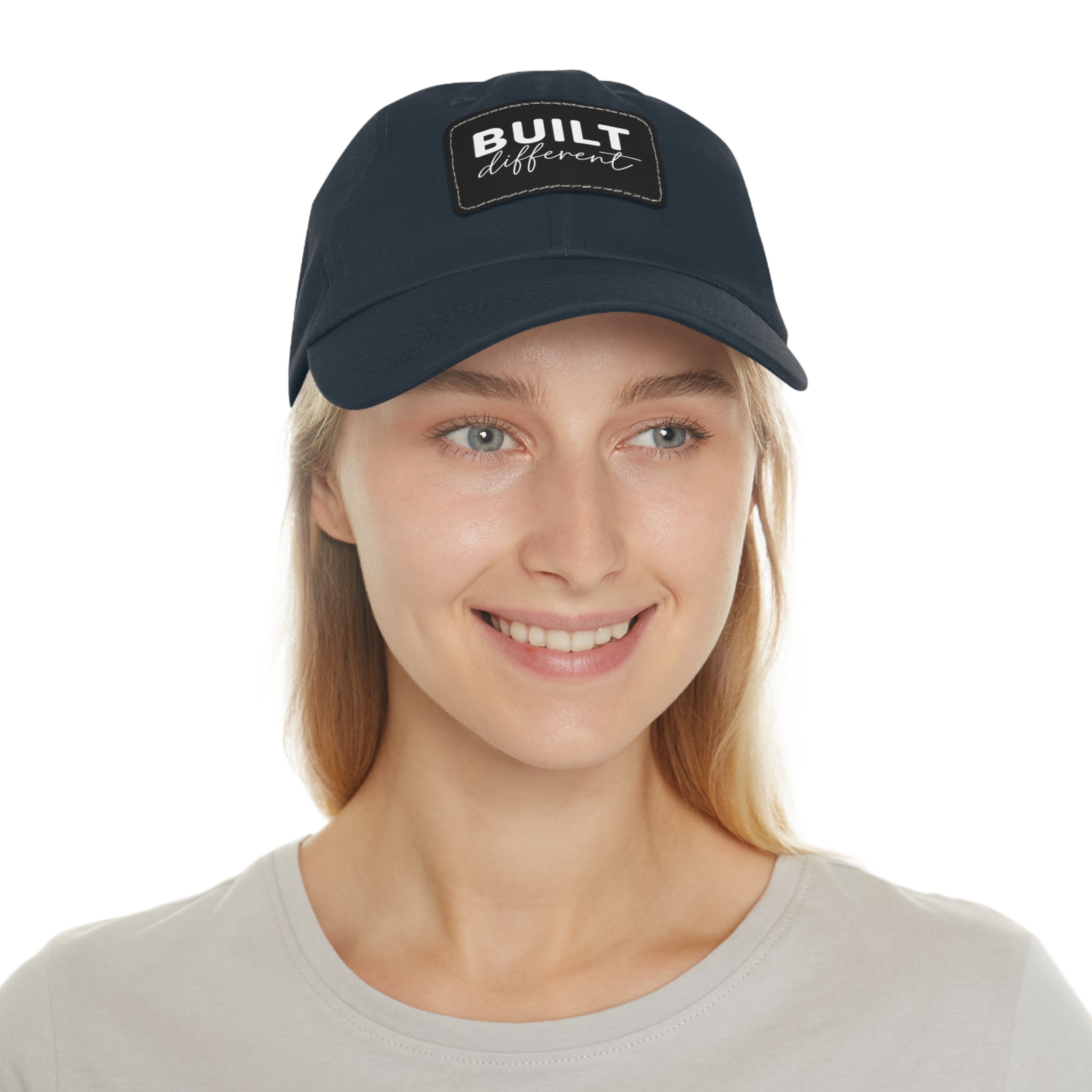Built Different - Dad Hat with Leather Patch (Rectangle) - White Logo