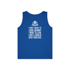 I DON’T WANT TO LOOK SKINNY I WANT TO LOOK LIKE I CAN KICK YOUR ASS – WWLW White Logo Unisex Heavy Cotton Tank Top