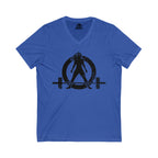 Unisex Jersey Short Sleeve V-Neck Tee -  Distressed Black Logo
