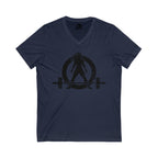 Unisex Jersey Short Sleeve V-Neck Tee -  Distressed Black Logo