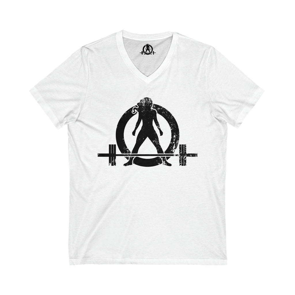 Unisex Jersey Short Sleeve V-Neck Tee -  Distressed Black Logo