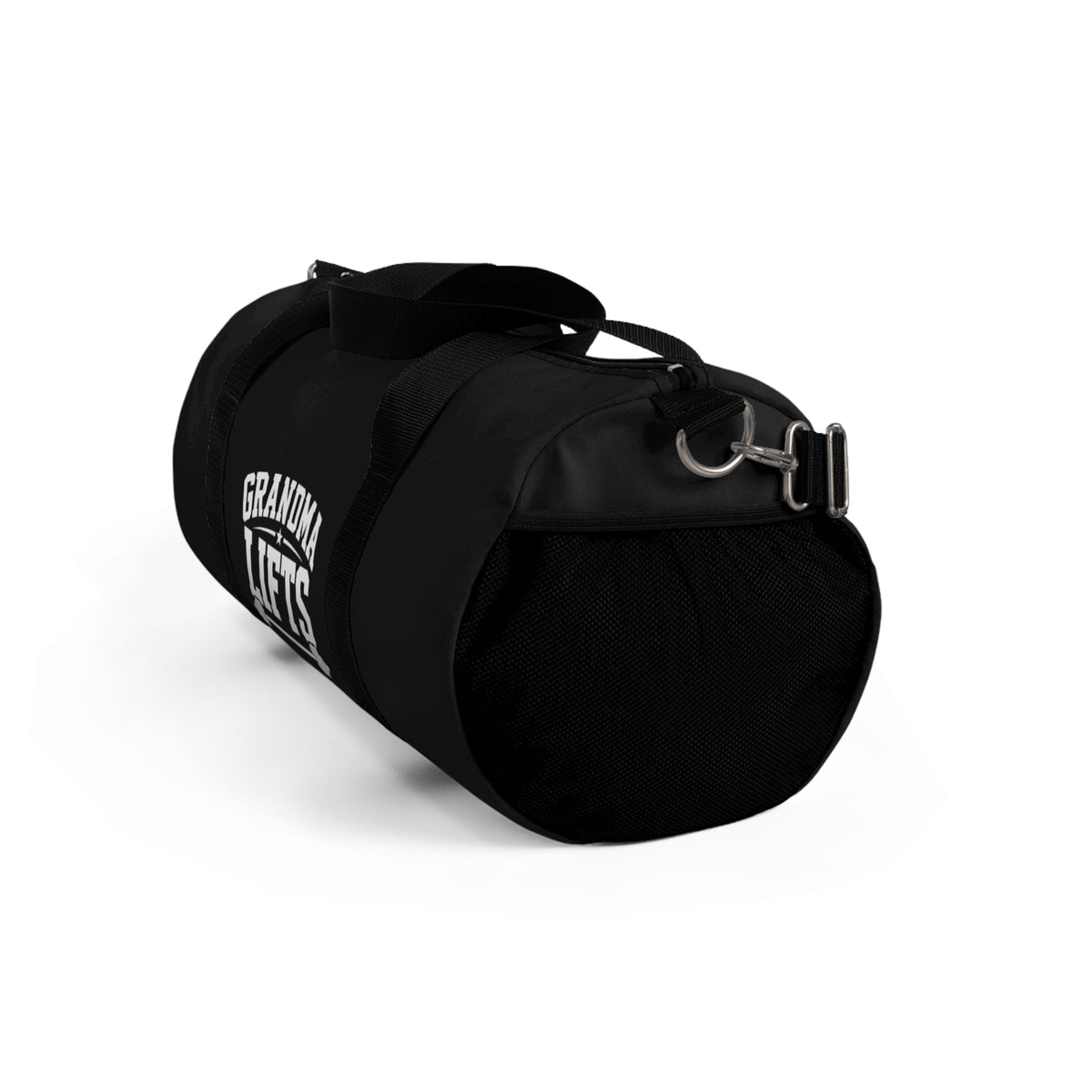 Grandma Lifts Gym Duffel Bag — Black & White Logo