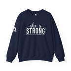She is STRONG - Unisex Heavy Blend™ Crewneck Sweatshirt - Front White Logo - Plain Back