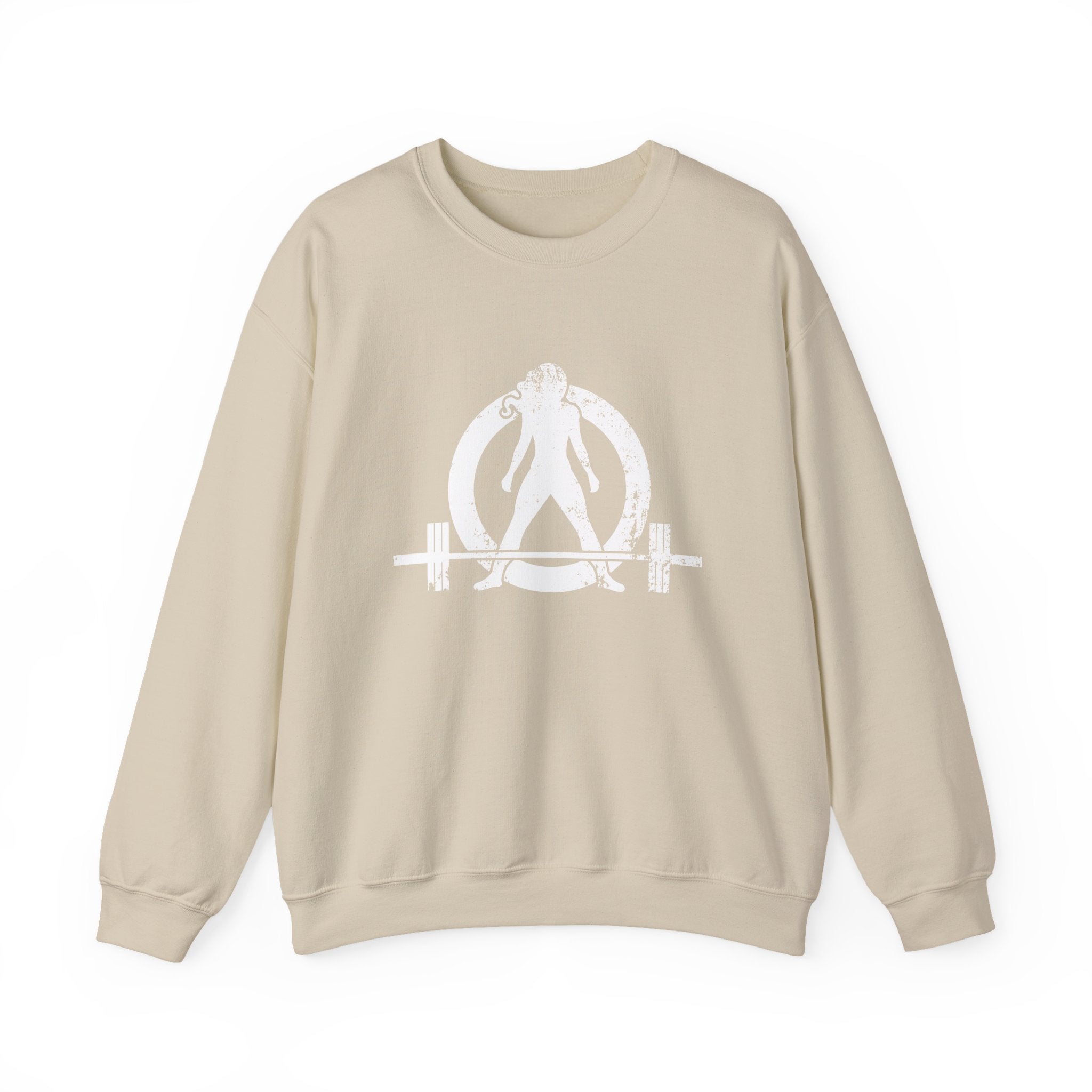 ALL I NEED IS COFFEE and a Barbell - Unisex Heavy Blend™ Crewneck Sweatshirt - Distressed Logo - Front & Back