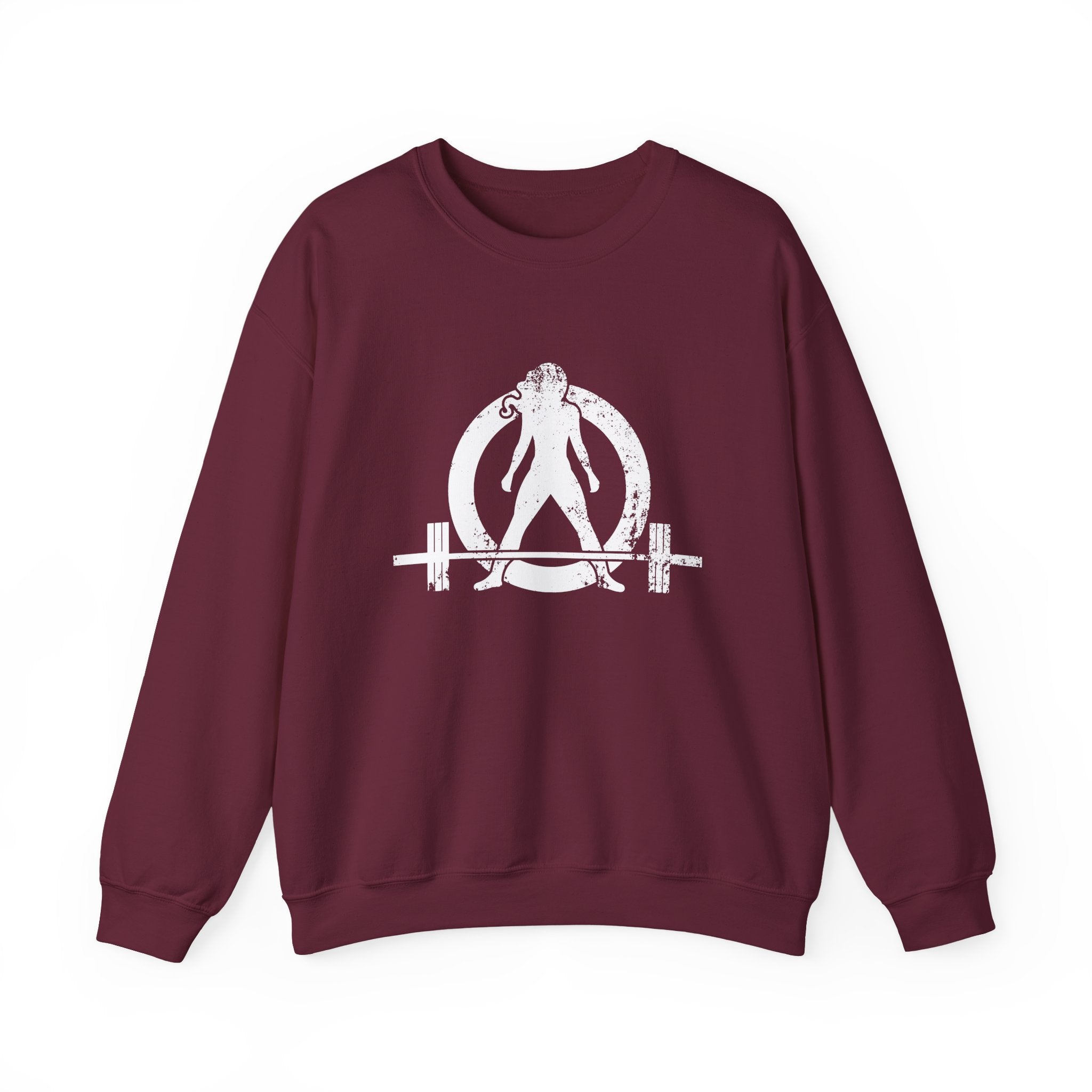 ALL I NEED IS COFFEE and a Barbell - Unisex Heavy Blend™ Crewneck Sweatshirt - Distressed Logo - Front & Back