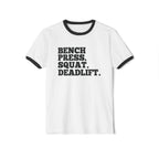 Bench Squat Deadlift  - Unisex Cotton Ringer T-Shirt - Black Classic Logo Front Plain Back