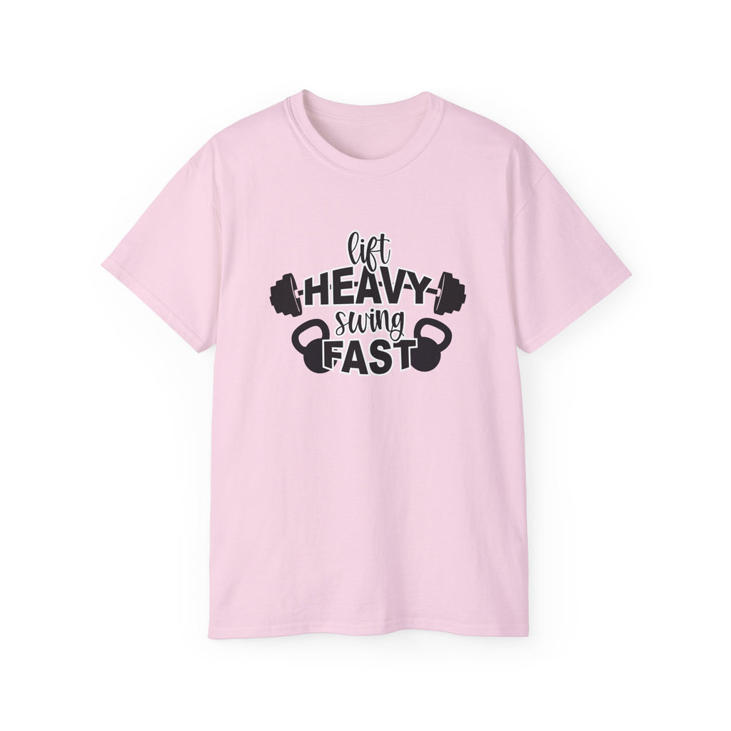 Lift Heavy Swing Fast - Unisex Ultra Cotton Tee - Black Logo Plain Back