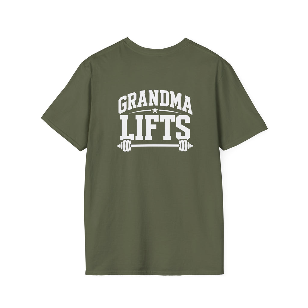 Grandma Lifts -  Unisex Softstyle T-Shirt — White Logo Front & Back