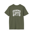 Grandma Lifts -  Unisex Softstyle T-Shirt — White Logo Front & Back