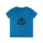 Ladies' V-Neck T-Shirt - Distressed Black Logo