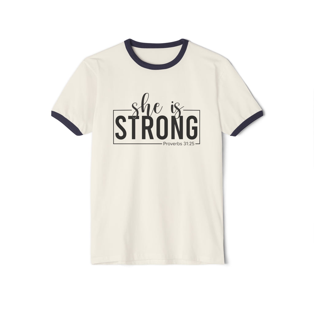 She Is Strong  - Unisex Cotton Ringer T-Shirt - Black Classic Logo Front Plain Back