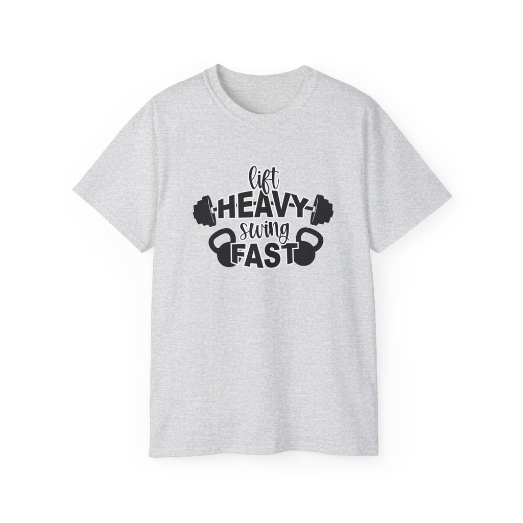 Lift Heavy Swing Fast - Unisex Ultra Cotton Tee - Black Logo Plain Back