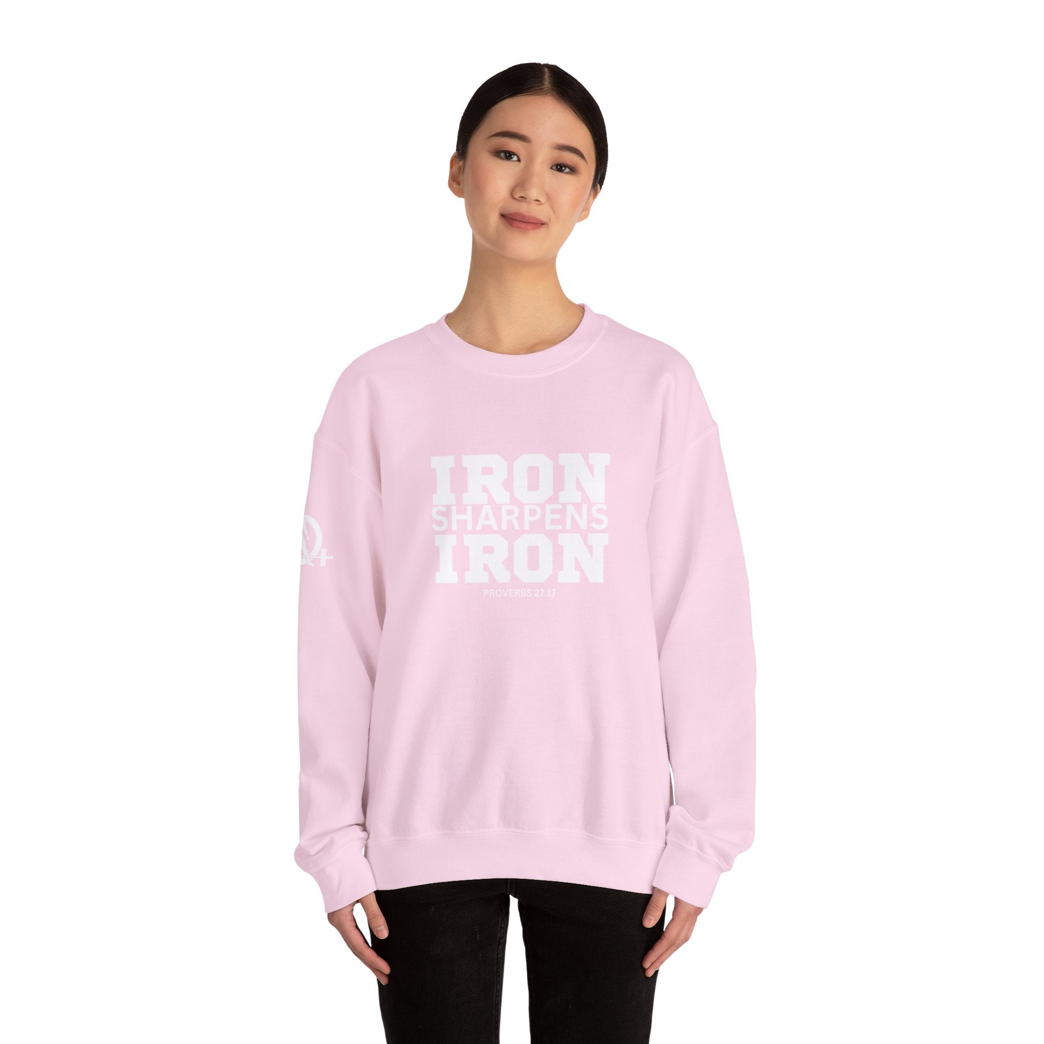 Iron Sharpens Iron - Unisex Heavy Blend™ Crewneck Sweatshirt - Front White Logo - Plain Back