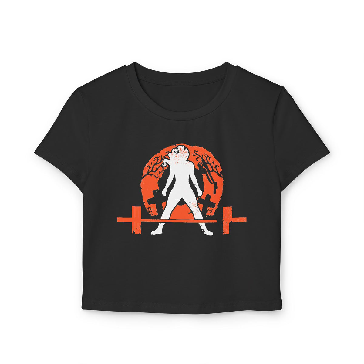 Women's Baby Tee - White Distressed Logo - Halloween Graveyard