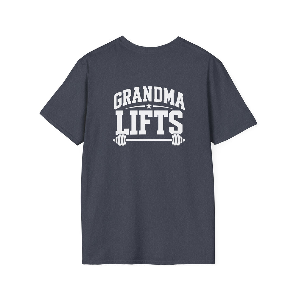 Grandma Lifts -  Unisex Softstyle T-Shirt — White Logo Front & Back