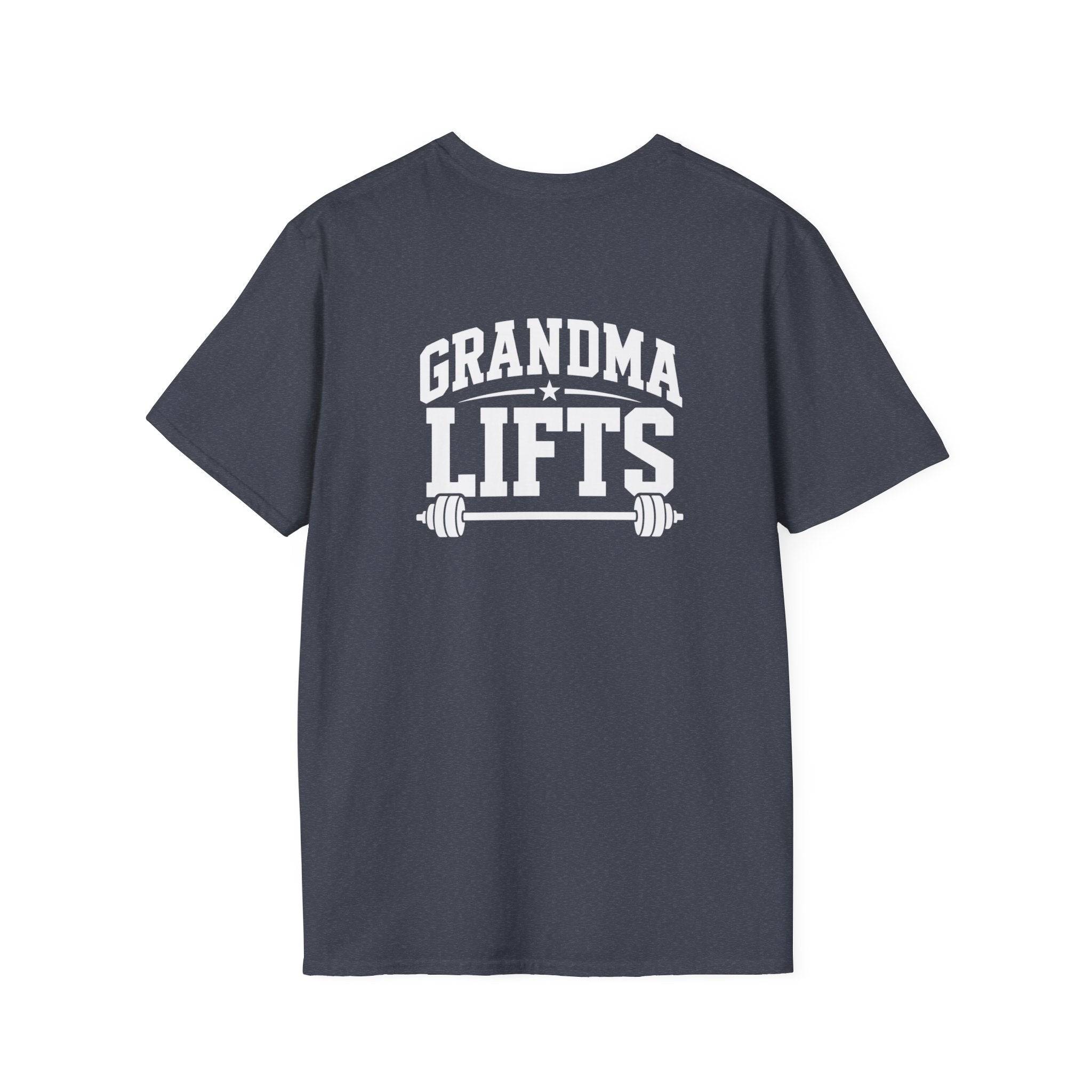 Grandma Lifts -  Unisex Softstyle T-Shirt — White Logo Front & Back