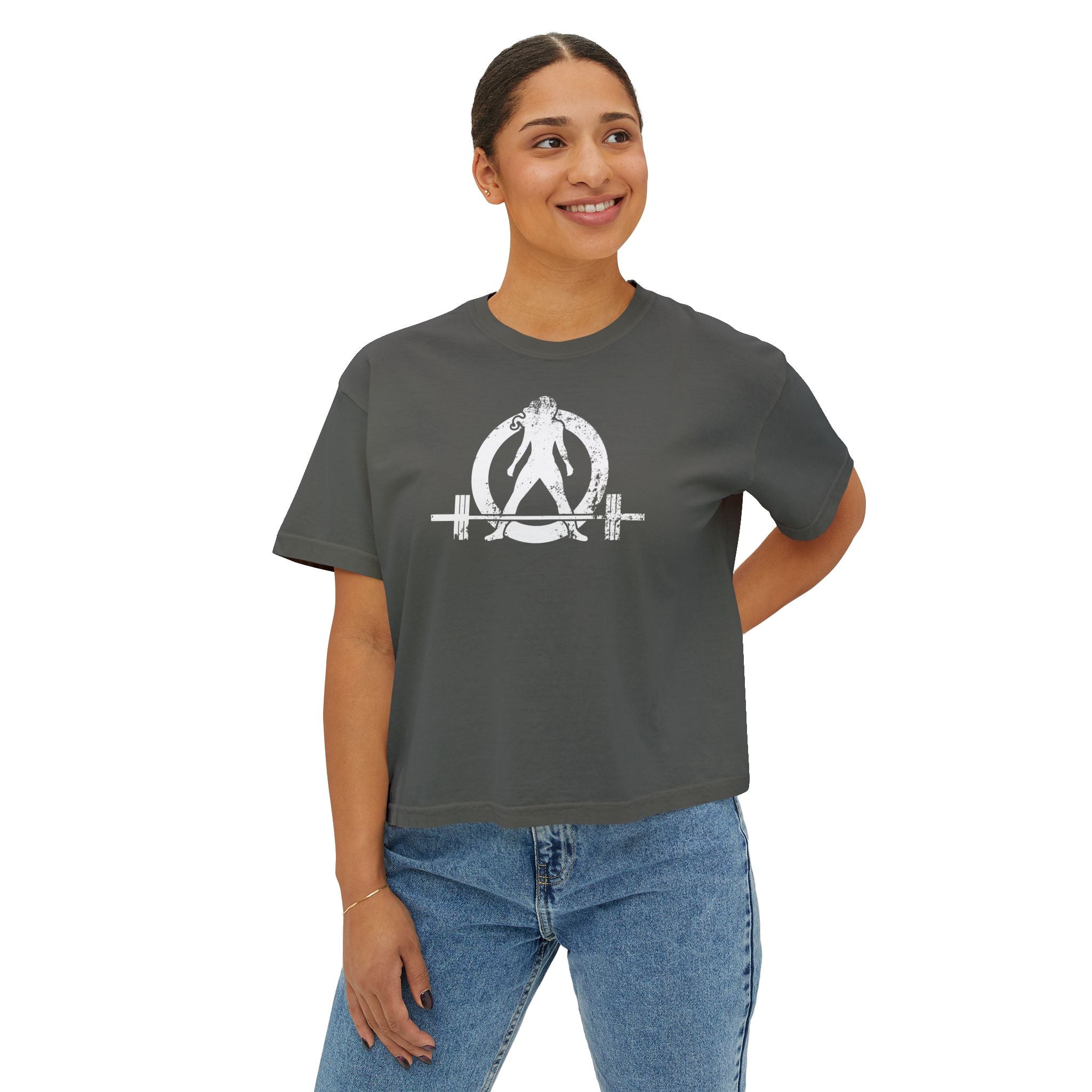 Women's Boxy Tee - White Distressed Logo Front Plain Back