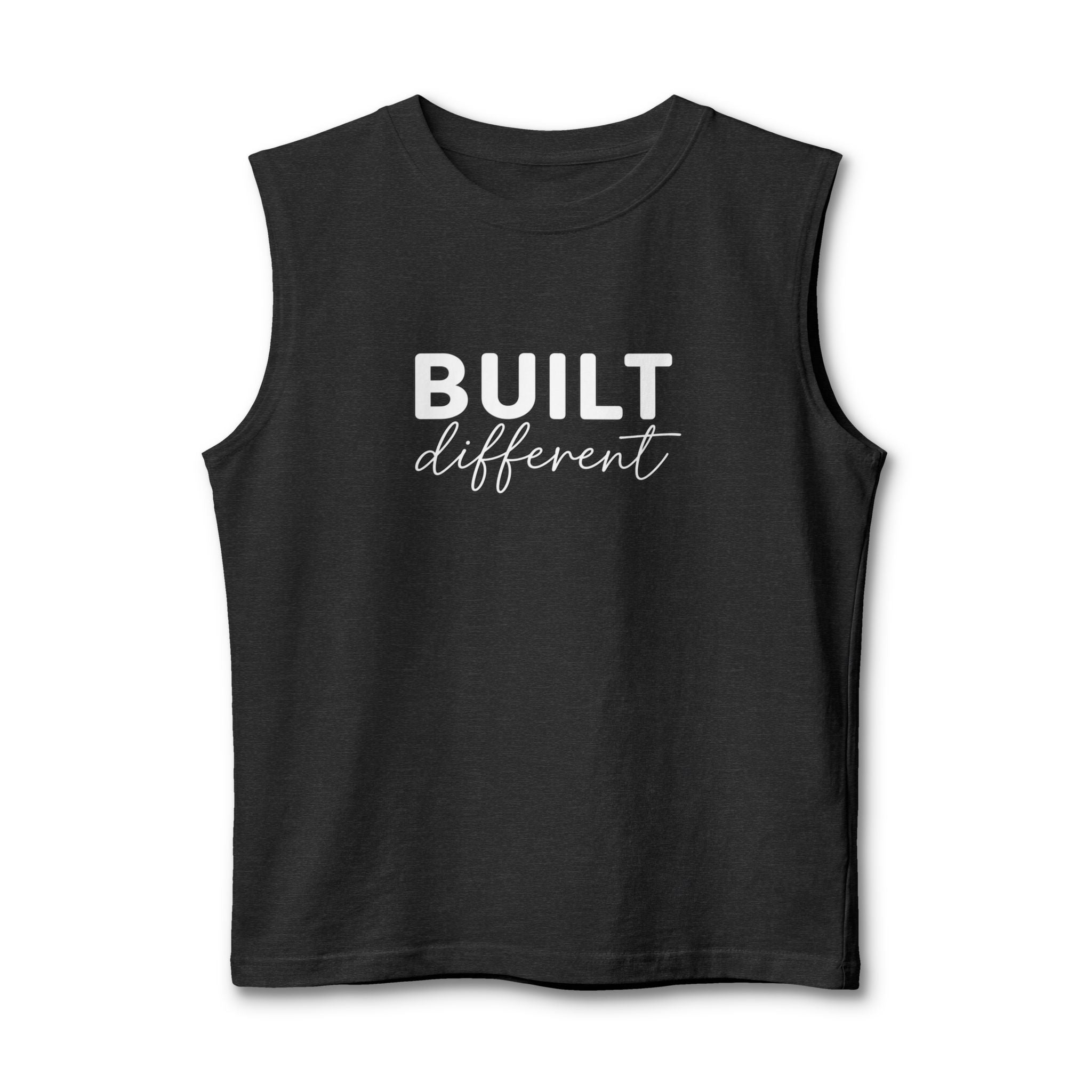 Built Different Muscle Tank — White Logo Front & Back