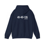 45 + 45 = 135 – Unisex Hoodie | White Logo, Front & Back