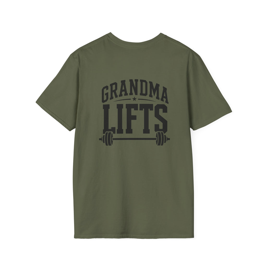 Grandma Lifts -  Unisex Softstyle T-Shirt — Front & Back Black Logo
