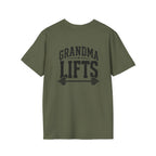 Grandma Lifts -  Unisex Softstyle T-Shirt — Front & Back Black Logo