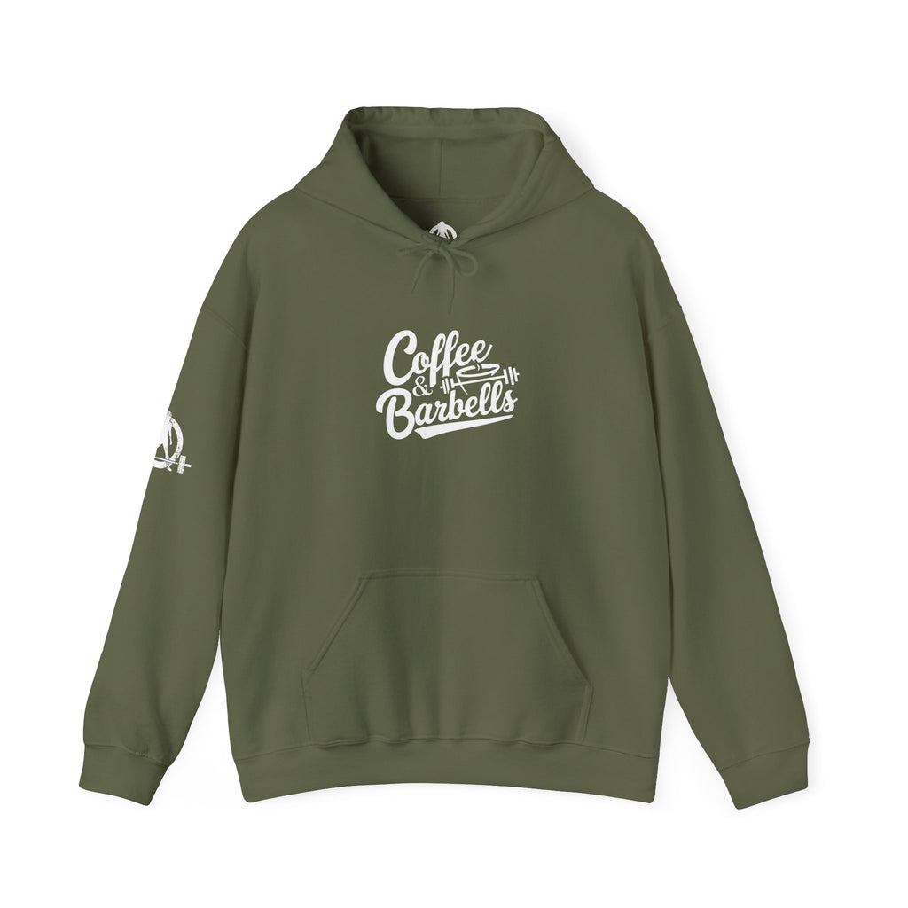Coffee & Barbells - Unisex Heavy Blend Hooded Sweatshirt - White Logo on Front & Right Sleeve