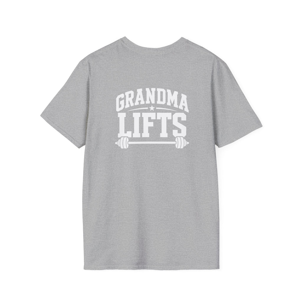 Grandma Lifts -  Unisex Softstyle T-Shirt — White Logo Front & Back
