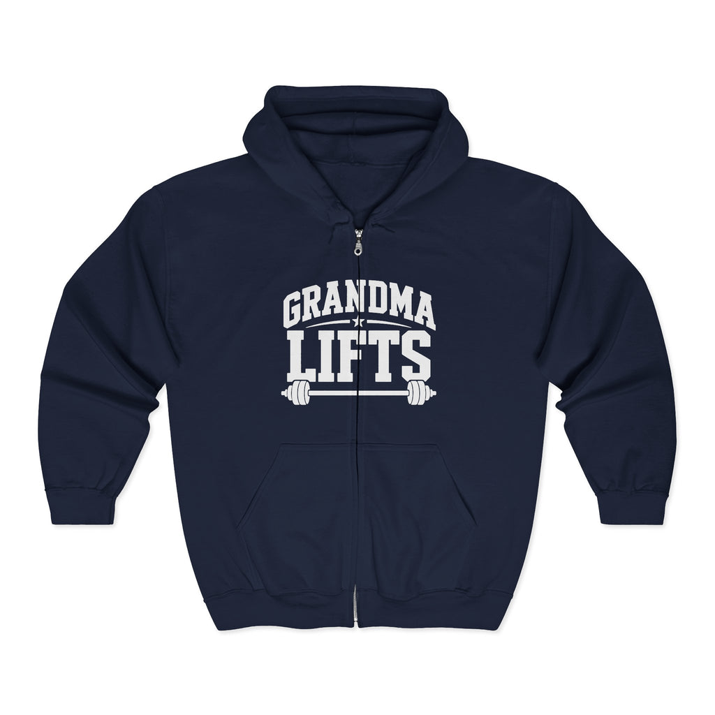 Grandma Lifts - Unisex Heavy Blend™ Full Zip Hooded Sweatshirt –White Logo Front Plain Back