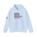 WWLW “Squat • Bench • Deadlift • Repeat” Hoodie - Front Logo Plain Black