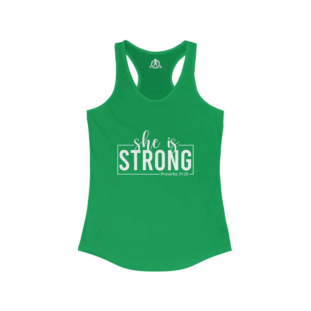 She is STRONG - Women's Ideal Racerback Tank - Front White Logo Plain Back